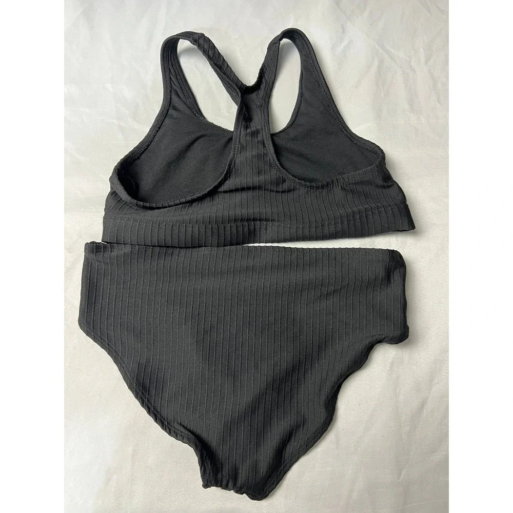 Wonder Nation Girls Black Ribbed High Waisted Belted Bikini Swimsuit Set L 10-12